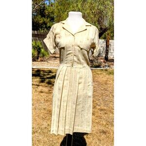 1970s JC Penny VTG Beige Linen Petite 5/6 Cotton/Poly Button S/S Shirt Dress EUC